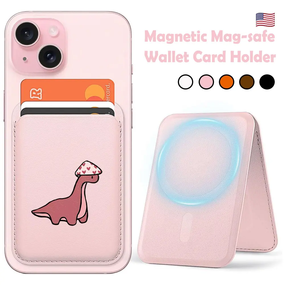 Magnetic Leather MagSafe Card Holder with Stand Kickstand - 1 Slot Fits 3 Cards, Dinosaur Mushroom Heads Design, Scratch Resistant Adjustable Stand Cellphone Smartphone Accessory for iPhone 12-16 Series & MagSafe Cases