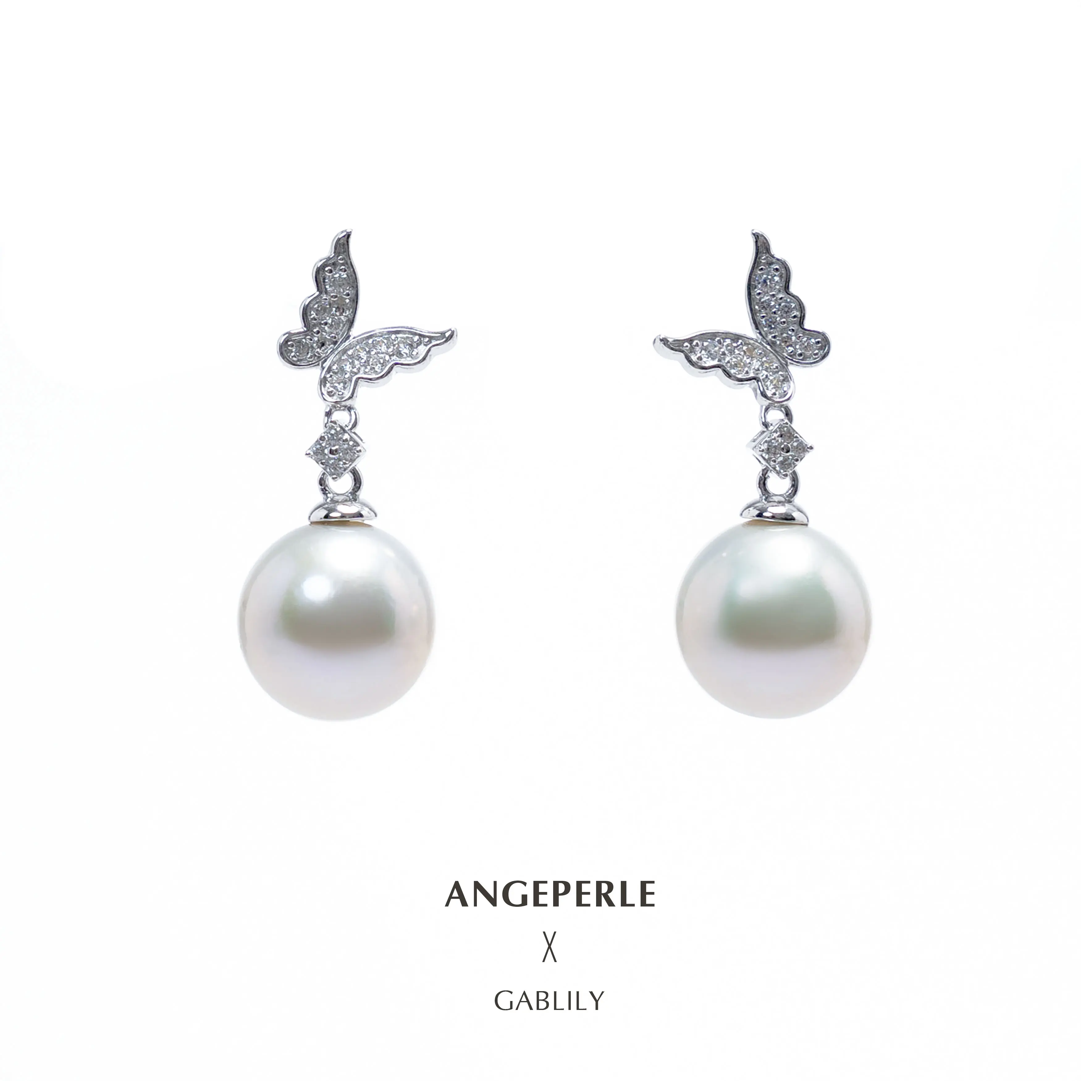 ANGEPERLE S925 Sterling Silver Freshwater Pearl Gablily Butterfly Stud Earrings 11-12mm TSSLF33