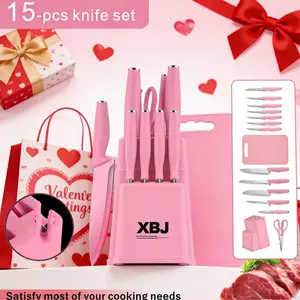 XBJ Knife Set with Built-in Sharpener, Kitchen Knife Set with Non-Slip Textured Handle, Tactical Design for Cutting Meat, Bone Chopping, Boneless Filleting, Multifunctional 15-Piece Stainless Steel Knife Set, New Year Valentine's Day Gift, Pink Black Whit