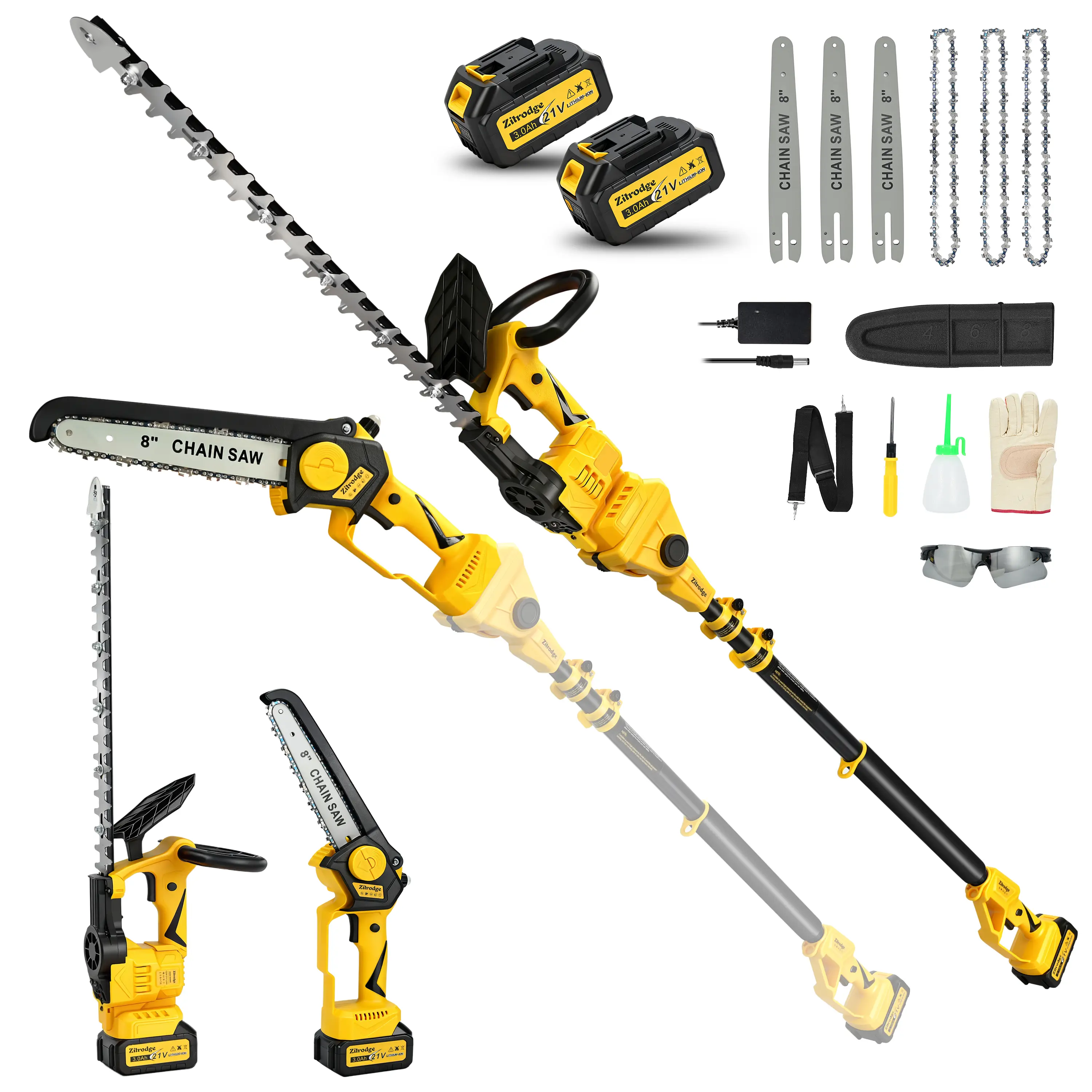 8" Pole Saw Cordless + 20" Pole Hedge Trimmer 4-in-1, Electric Mini Chainsaw/Hedge Trimmer with Extension Pole, 15Ft Max Reach for Tree Trimming and Shrubs Pruning, 2×3.0Ah Battery