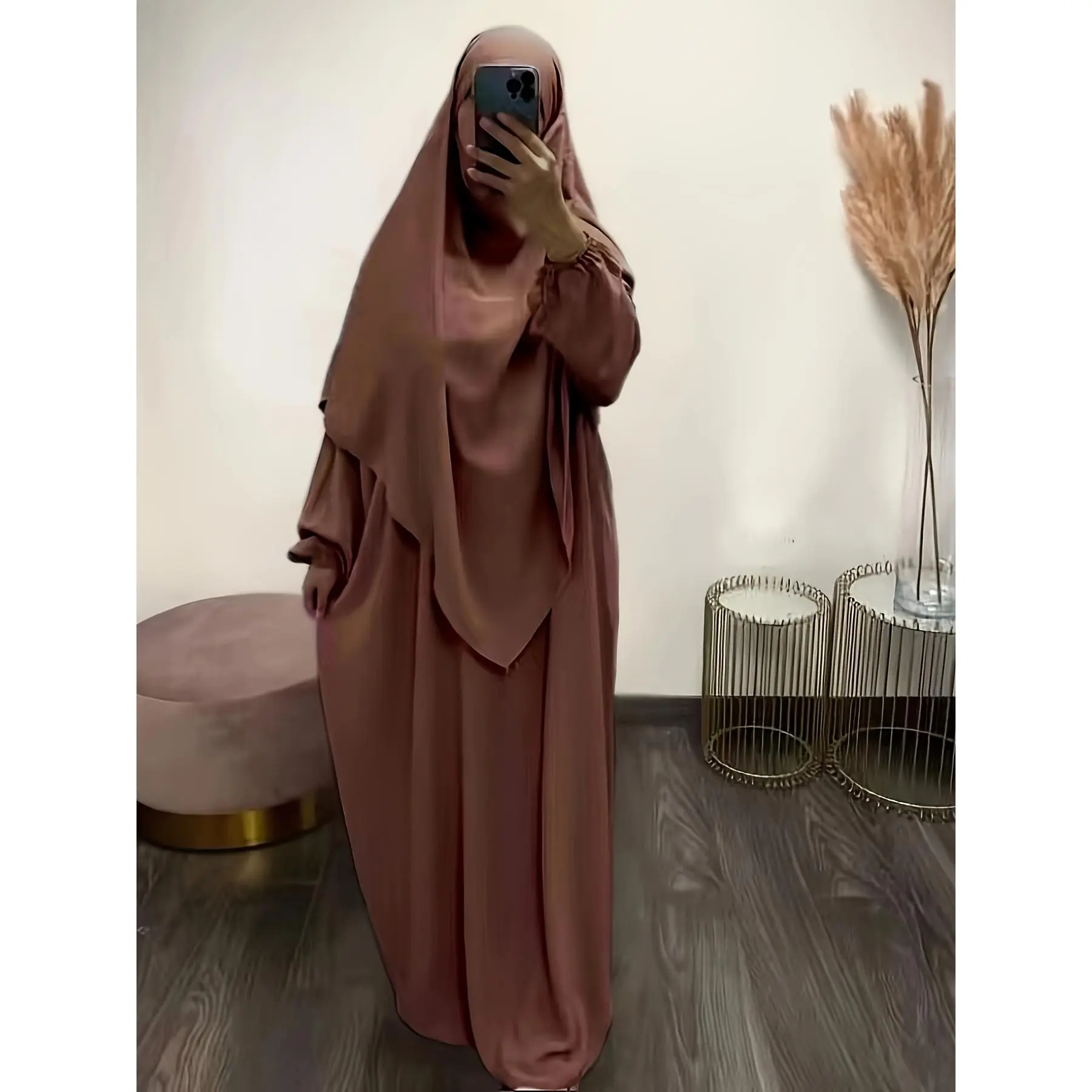 Solid Color Simple Modest Dress, Elegant Long Sleeve Maxi Dress With Hijab, Women's Clothing