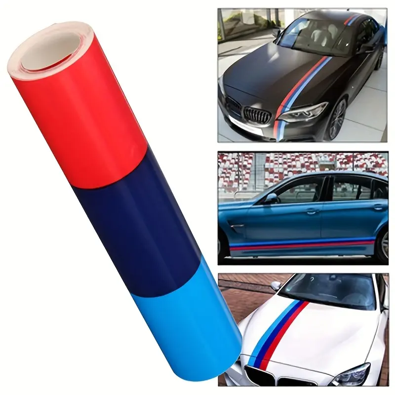 Bossnice 1m Car Sticker M Color Stripes Rally Side Hood Racing Motorsport Vinyl Decal Sticker Strip Bumper Engine Cover Car Decals For BMW Vehicle Exterior Decoration Automotive Decals