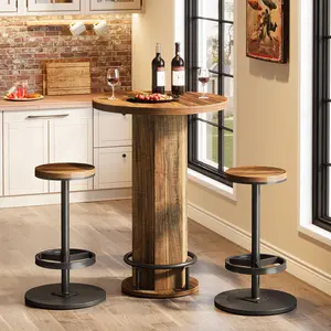 LITTLE TREE Round Bar Table with Chairs, Industrial Bistro Sets with 2 barstools, Pub Cocktail Table with Metal Ring Footrest for Kitchen Nook, Apartment, Small Space