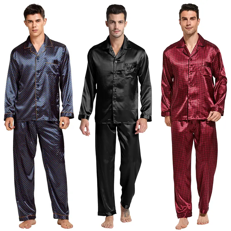 Tony & Candice Menswear Silk-Pyjamas Sets - Silky Fabric, Long-Sleeve Satin Sleepwear with Pocket for Men's Loungewear, Comfy, Elastic, Longsleeves, Pants, Button Down, Night Wear