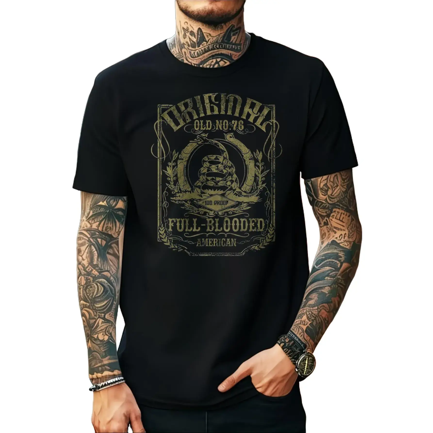 Vintage Graphic Style, Men's T-Shirt, Original Full-Blooded American Snake Design, Casual Summer Wear, Gift For Tattooed Men Or Bikers