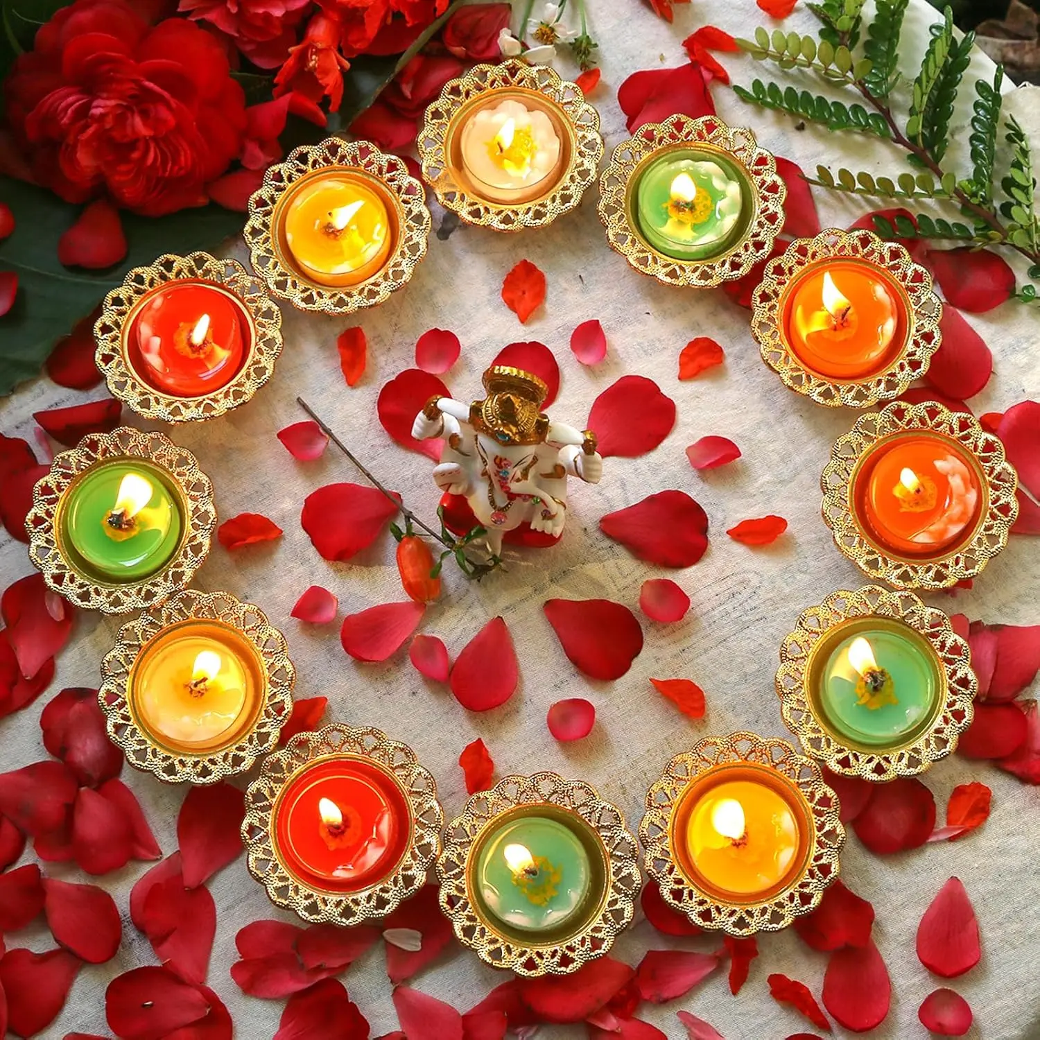 Golden Metal Diwali Diya Set - 12PCS Reusable Deya Oil Lamps for Diwali Gifts Indian Wedding Housewarming Pooja Decor Home Temple Mandir Altar Puja Item India Urli Bowl Diyas for Hindu Religion Ritual