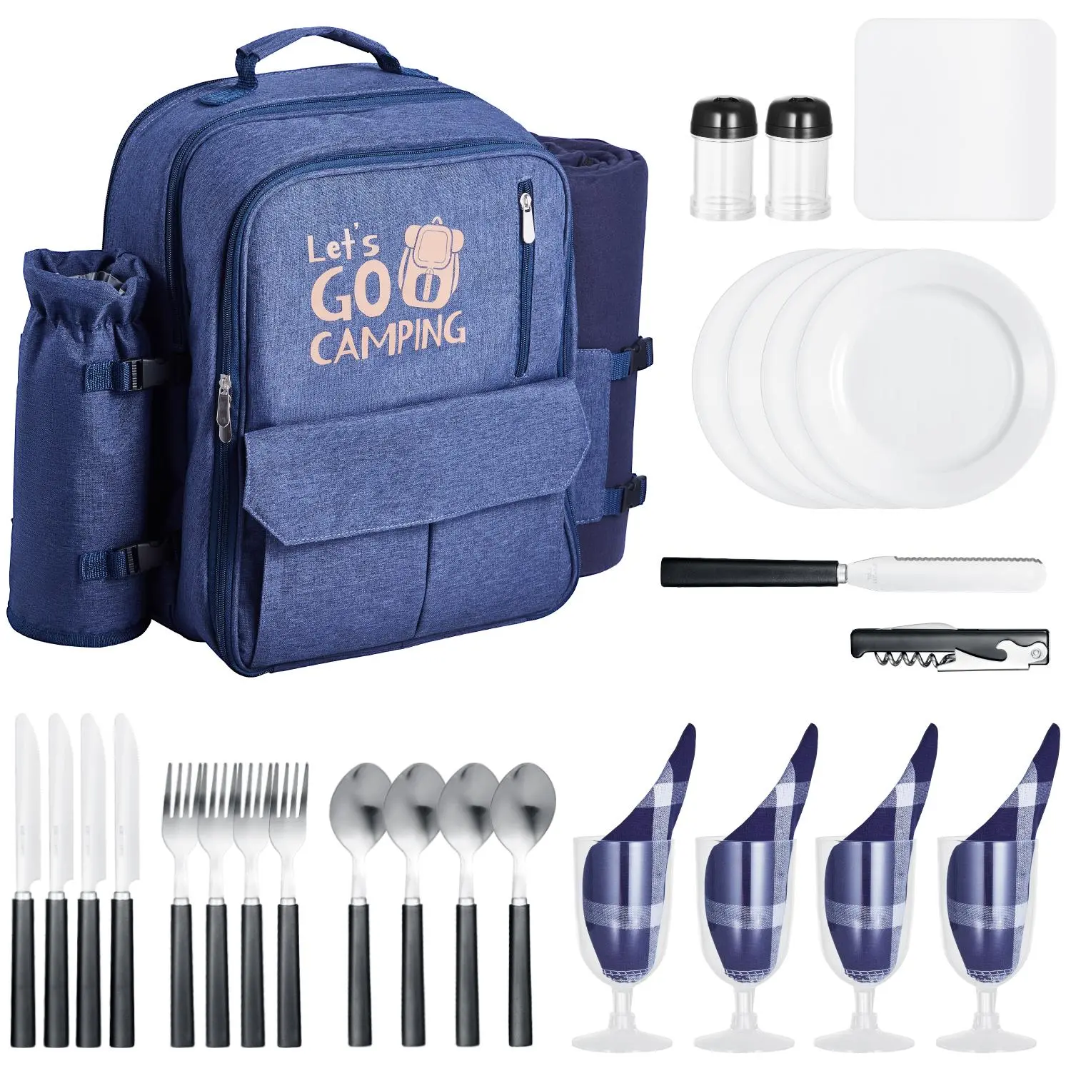 VEVOR Picnicbasket for 4, 600D Oxford Fabric Backpack, Navy Blue All-in-1 Set with Insulated Cooler, Detachable Bottle-Wine Holder, Blanket & Cutlery for Outdoor Camping, Insulated Cooler Bag, Outdoor Camping Supplies, All In One Pack