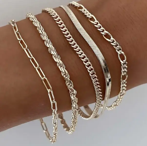 Women's 5-Piece Gold Bracelet Set - Dainty Stackable Cuban Link & Paperclip Chains, Hypoallergenic Metal, Extensible Length, Casual Daily Wear, Charming Gift Box, Female Bracelet Stacking Jewelry, Cuban Link Bracelets, Gold Aesthetic