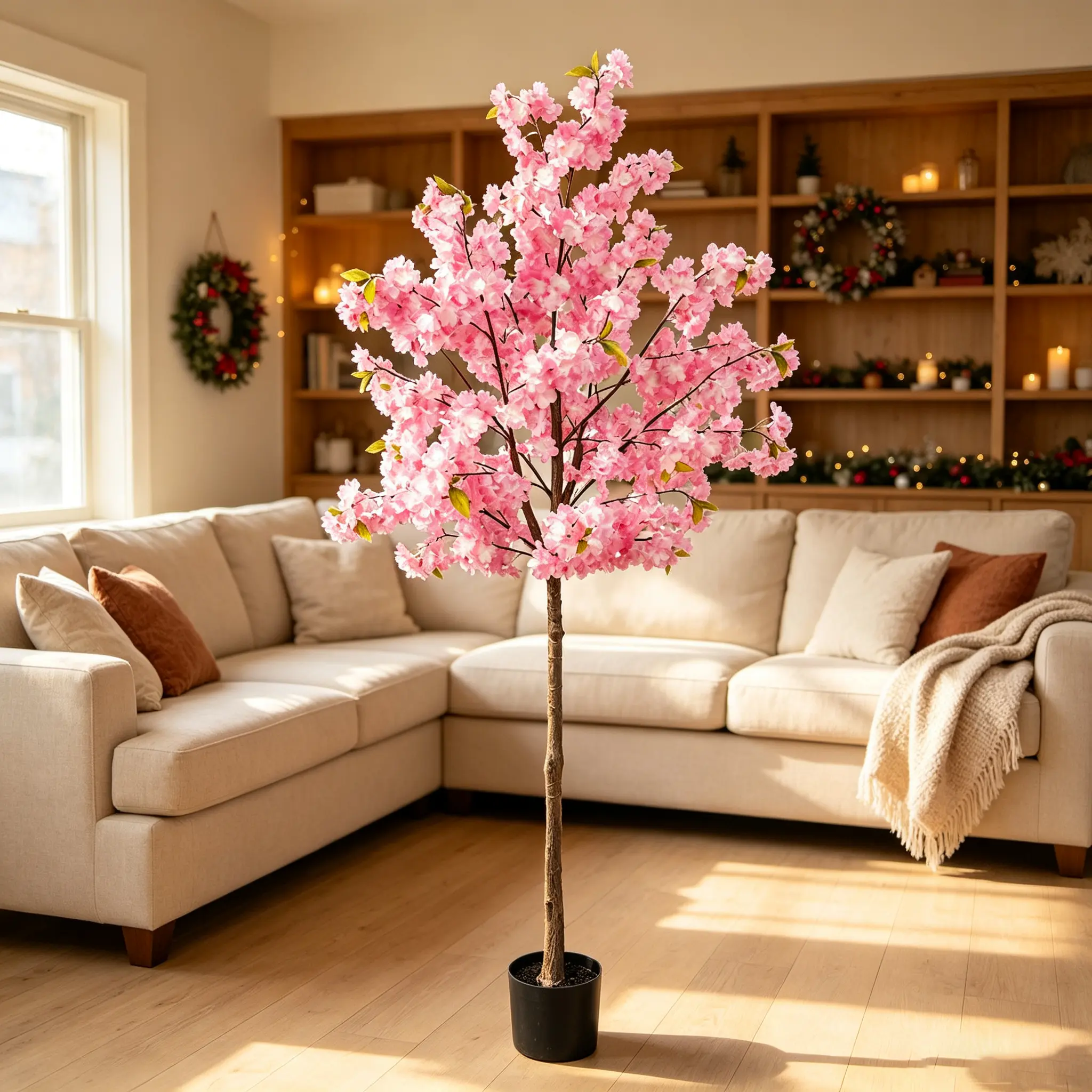 5.2FT Artificial Cherry Blossom Tree, Pink Fake Sakura Flower Tree with Pot, Faux Floral Plant for Home Wedding Party Indoor Outdoor Decor.
