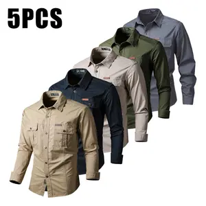 5-pack new men’s long-sleeve shirts for outdoor casual wear with multiple pockets—suitable for sports, hiking, mountaineering, fishing, and leisure activities.