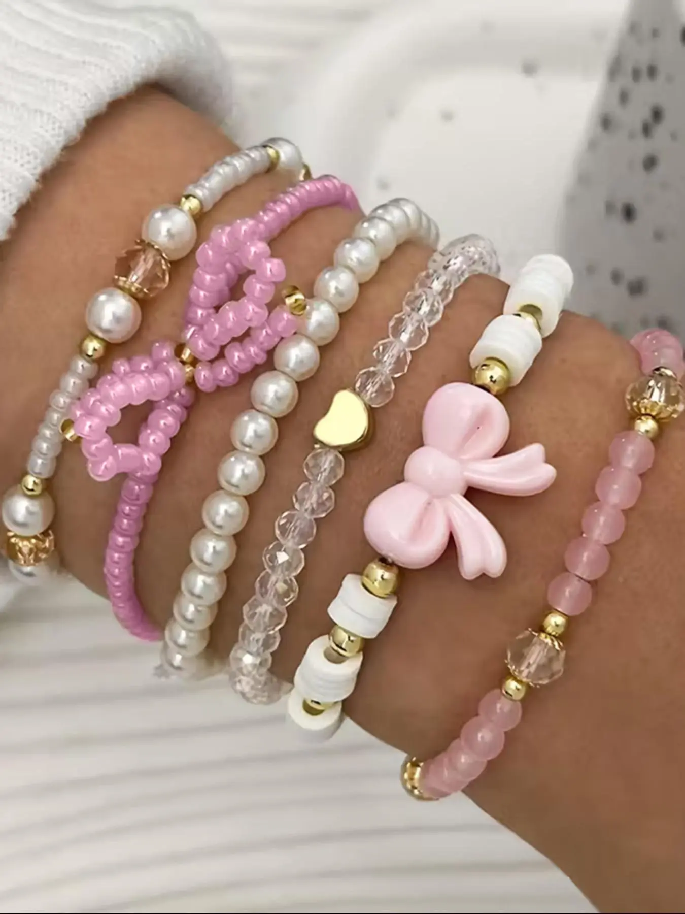 Mother's Day Gift 6 Pcs Glass Bead & Faux Pearl Bracelet Set, Cute Y2K Bow & Heart Design, Handmade Layered Stackable Bracelets for Women, Stacking Bracelet