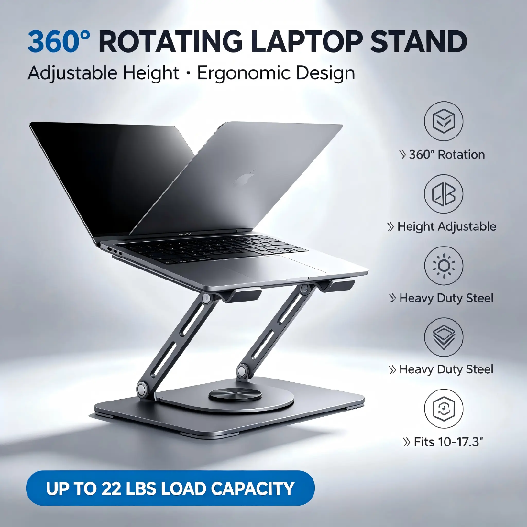360° Rotating Laptop Stand for Desk, Adjustable Ergonomic Laptop Riser with Stable Carbon Steel Base, Foldable Cooling Computer Holder for MacBook, Gaming Laptop, Tablet & Productivity Workspace