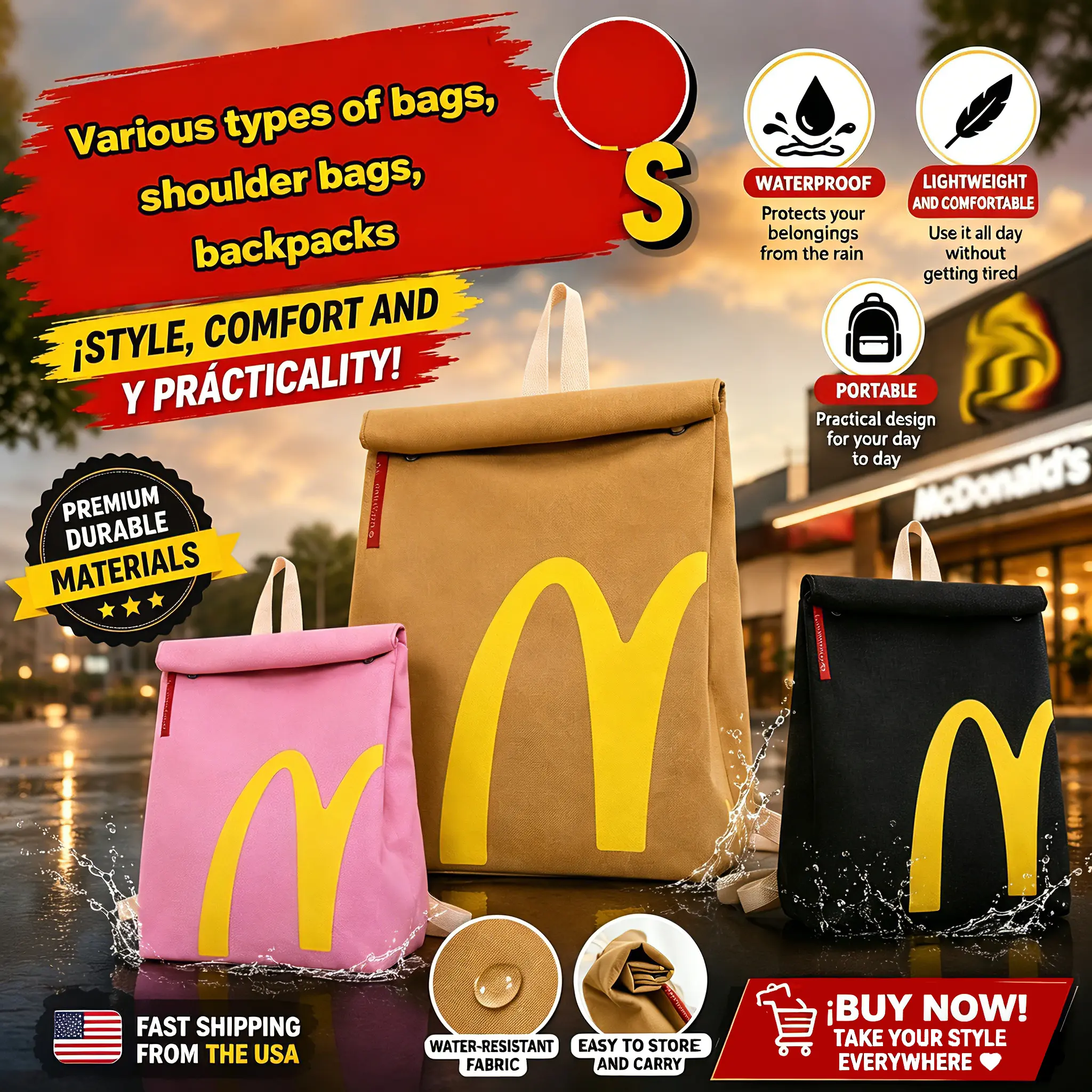 Waterproof M Logo Roll Top Canvas Backpack Lightweight Foldable Shoulder Bag