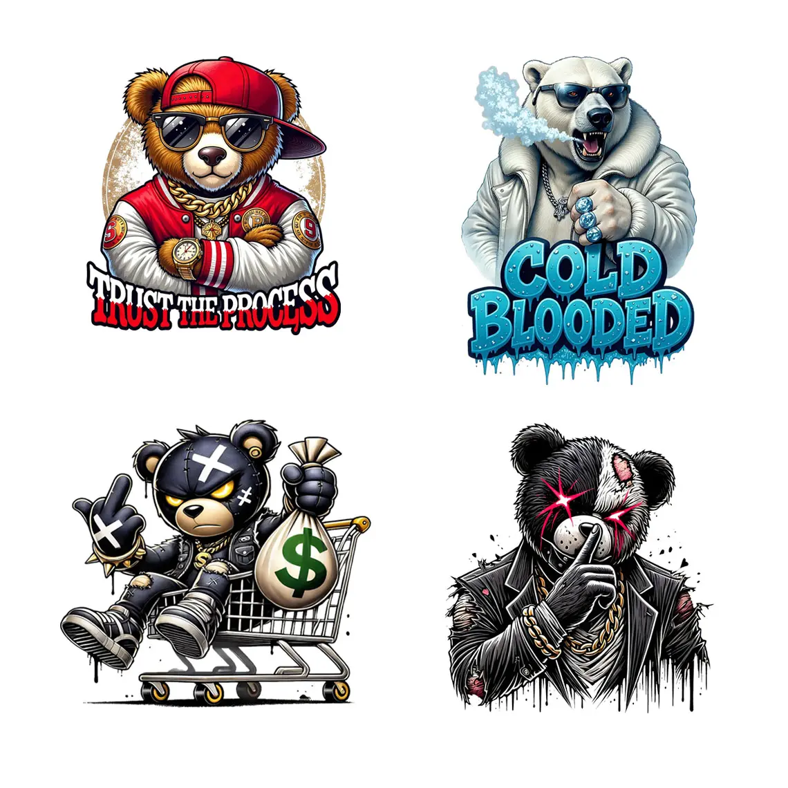"Hip Hop Street Bear" DTF Transfer - Urban Streetwear Trap Vibes - Bold · Edgy · Trendy - Suitable For T-shirts, Bags & Fabric Decor, Washable Iron-On Stickers, 4pcs/Set Hip Hop Bear Graphic Heat Transfer Stickers