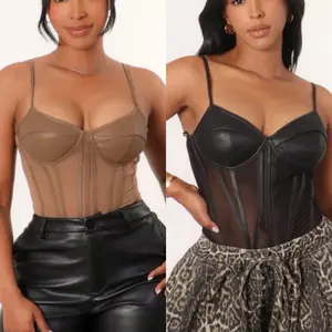 Faux leather Bustier Mesh Panel Bodysuit