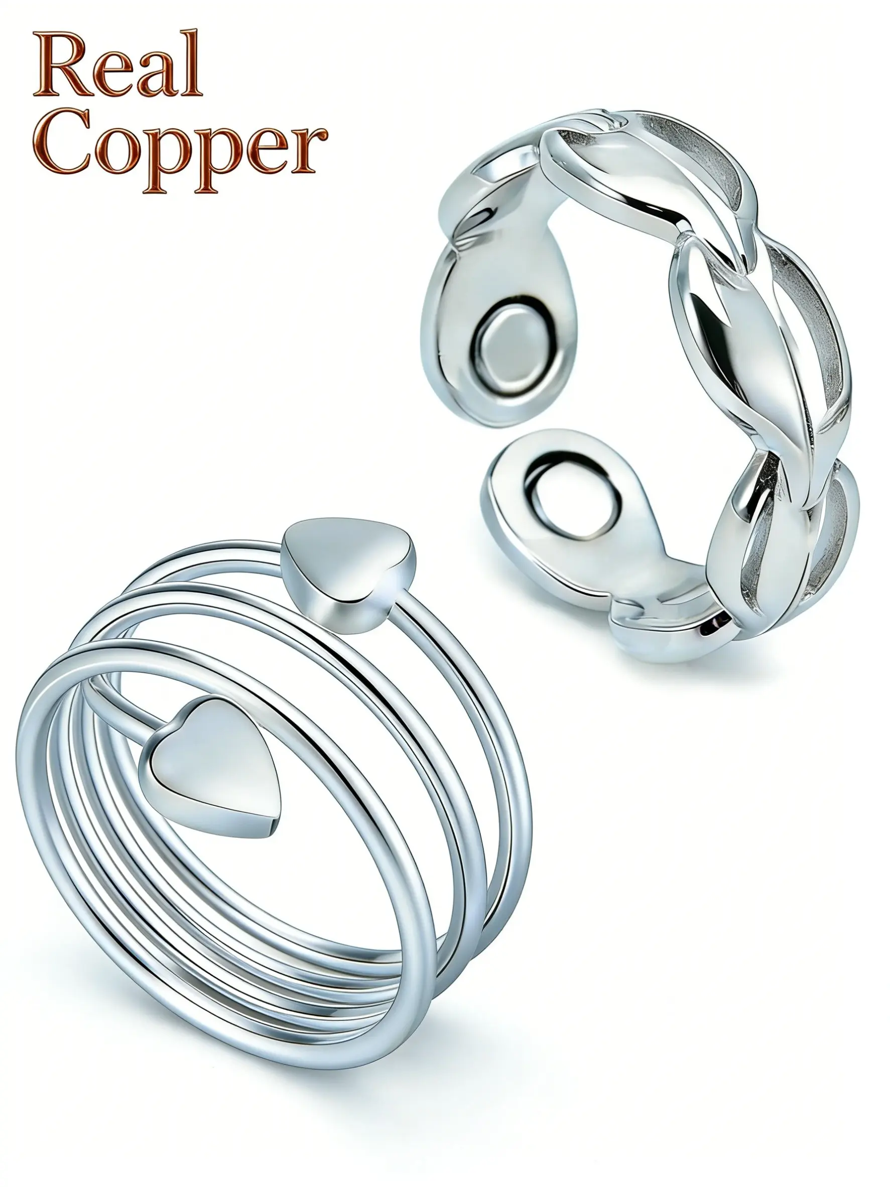 Women's Copper Magnetic Stacking Ring Set, 2 Pieces, Stackable Rings, Strong Magnet Rings, Adjustable Size, 99% Pure Copper, All Seasons Jewelry Gift