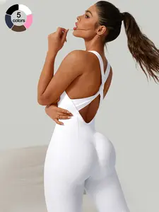 Women's Seamless Bodysuit, Workout Jumpsuit with Removable Padding, Cross-Back Design, Slimming Ribbed Fabric, Perfect for Gym and Outdoor Sports