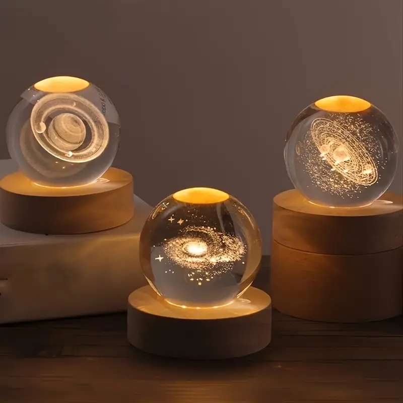 3D Luminous Crystal Ball LED Night Light - Saturn Solar System & Moon Table Lamp, USB-Powered Decorative Lighting, Led Lighted Indoor Room Accessory for Kid Birthday Gift Led Decoration Illuminating Led