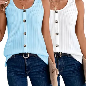 Women's solid-color button-down ribbed tank top; a casual, sleeveless crewneck top suitable for everyday wear and perfect for all seasons spring fashion