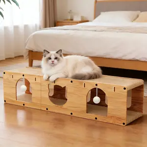 Large Cardboard Cat Scratcher Playhouse – a multi-functional indoor cat tunnel with scratching pads  toy tracks  and balls  Features an innovative  safe eco-friendly  and ventilated design for easy assembly  Includes wooden internal toys for extra play
