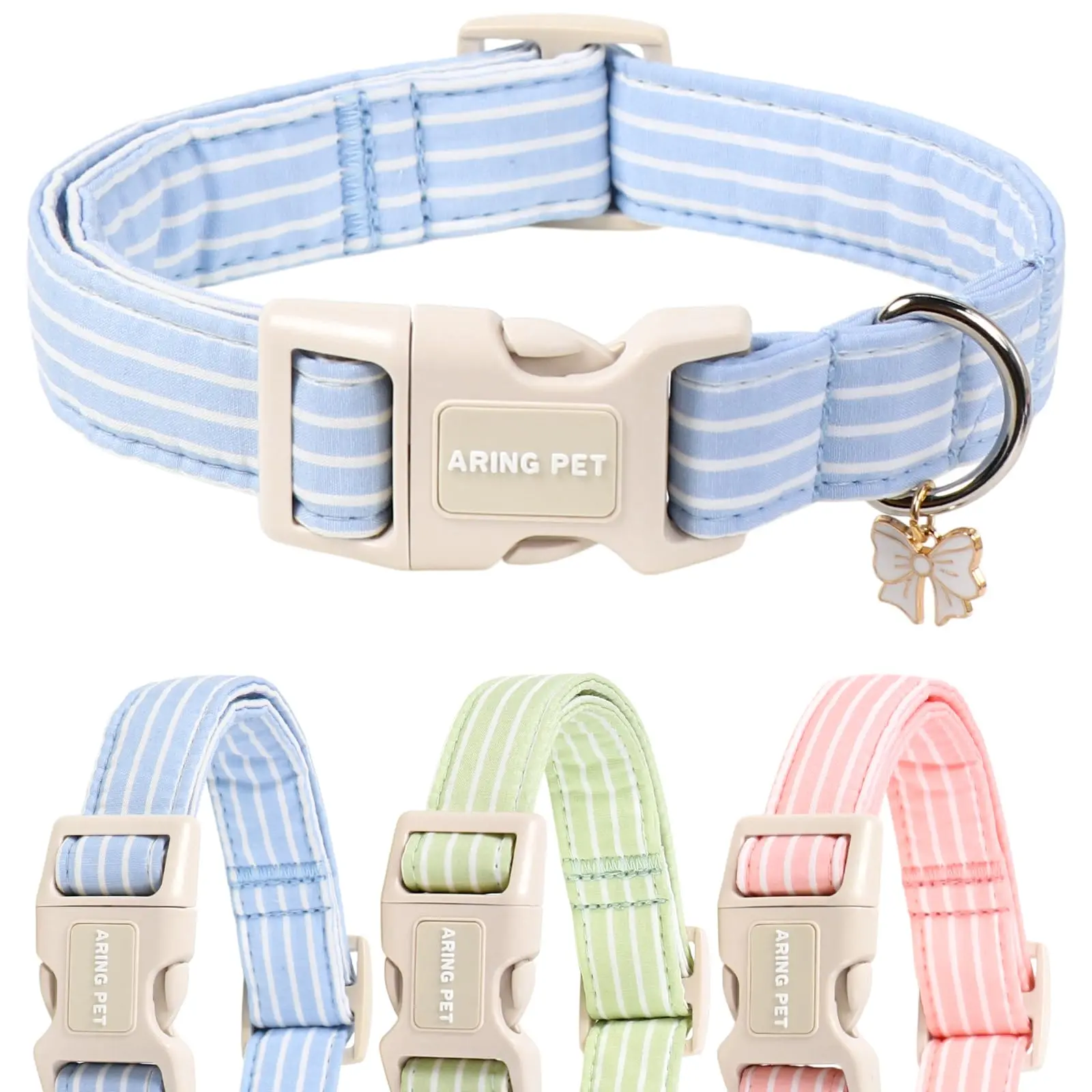 ARING PET Stripe Dog Collar – Cute Spring Summer Blue Striped Breakaway Collar with Bow Charm for Puppy, Small Medium Large Boy Girl Dogs, XS-XL, Ideal for Daily Outdoor Walking & Training
