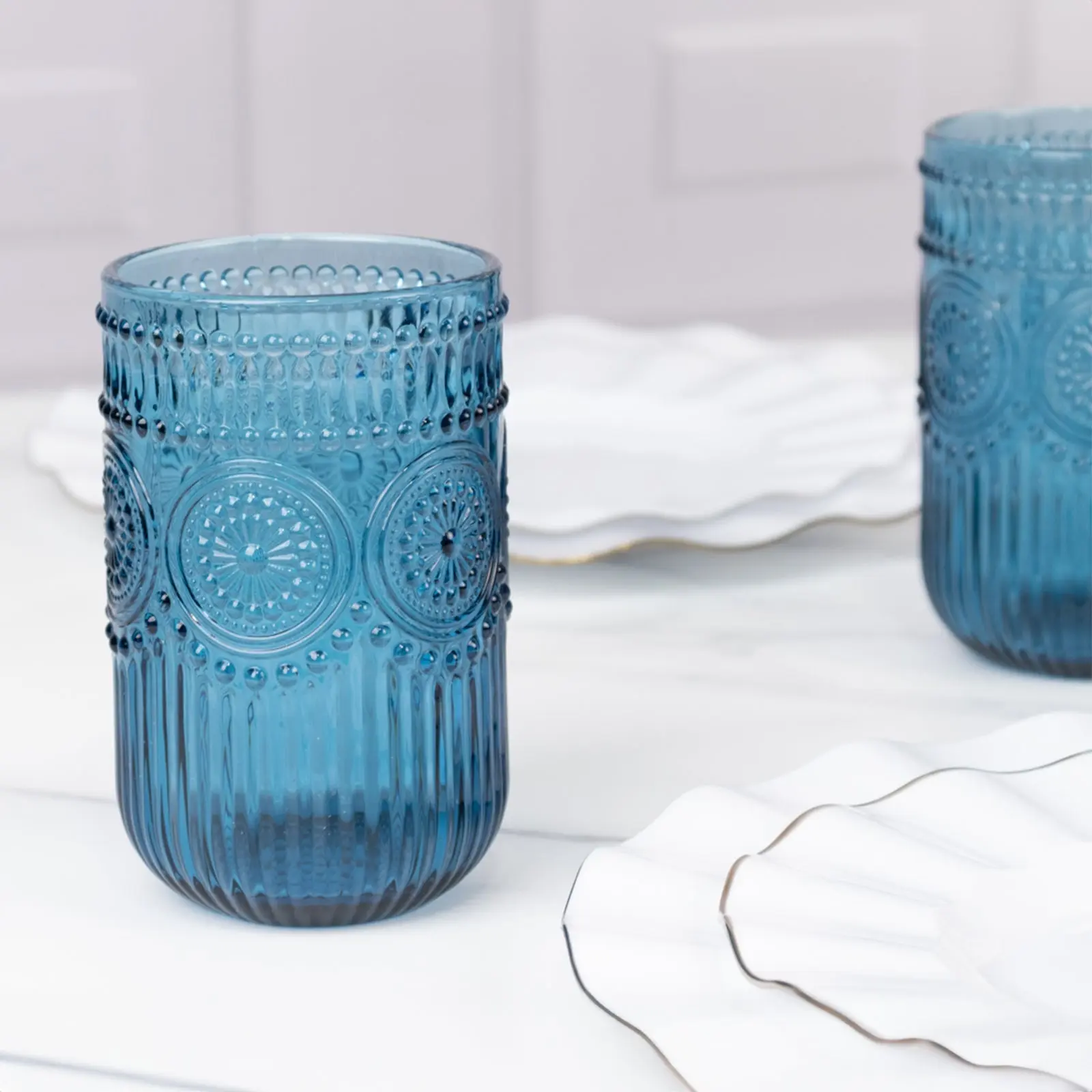 6-Pack Vintage Embossed Glass Tumblers 14oz Highball Design Ocean Blue - Textured Floral Pattern for Cocktails & Drinks