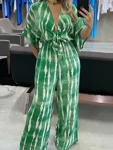 Women's Summer Elegant Deep V Neck Tie Striped Pattern Romper, Casual Comfy Romper, Casual Fit Jumpsuit, Stylish One-Piece for Warm Weather, Perfect for Casual Wear