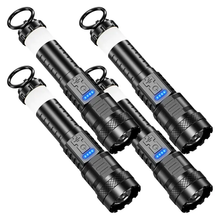 4 PCS Strong Rechargeable Waterproof LED Torch Set - Compact Mini Flashlight Torches, Outdoor Camping Gadgets with Emergency Red&Blue Alarm Lights, Household Essentials, House Warming Gifts