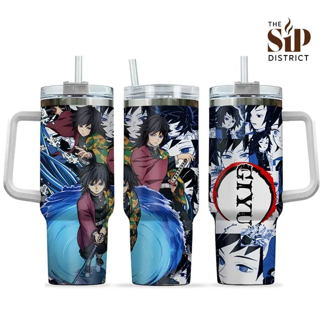 The Sip District. Giyu Tomioka 20oz 30oz 40oz Anime Tumbler, Demon Slayer Stainless Steel Travel Mug, Vacuum Insulated Coffee Cup with Handle, Full Wrap Design, Anime Gift