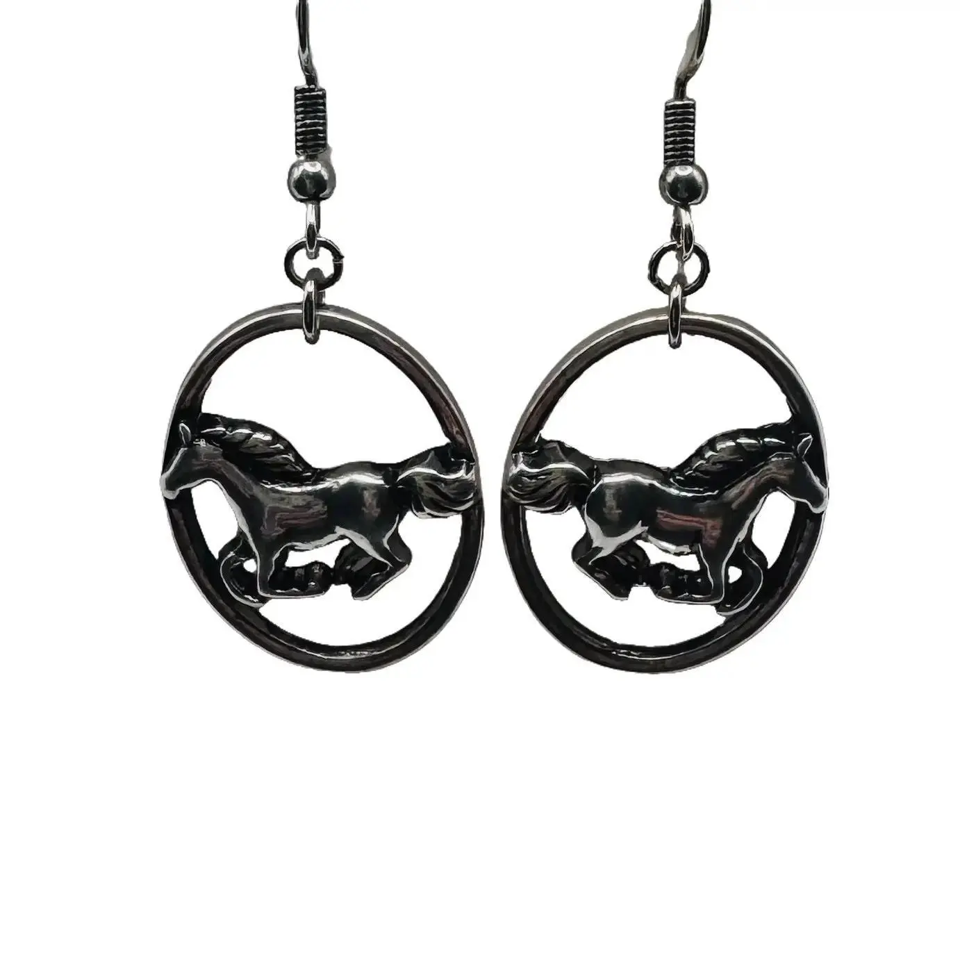 Rustic Chic Antique Silver Equestrian Dangle Drop Earrings with Oval Running Horse Metal Coating - Lightweight, Hypoallergenic, Nickel-Free, Polished Unisex Costume Jewelry for Casual Daily Wear, Horse Lovers