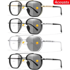 4 Piece Set Aviator Style Reading Glasses, High Quality Eyewear, Photochromic Blue Light Blocking Lenses, Metal + PC Lightweight Frame, Unisex