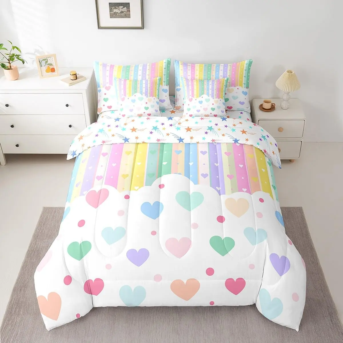 Feelyou 7-Piece Rainbow Stripes Bedding Set - Kawaii Cartoon Hearts Comforter, Breathable Cover, Sheets Bed-in-a-Bag, Multi-Size for Girls, Seven Pieces