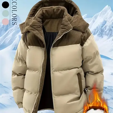 Men’s Fleece-Lined Casual Hooded Coat - Menswear, Detachable Hood, Block Colors, Thickening Colorful Fleece Jacket, Couples-Style Winter Outerwear