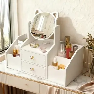 Cat ear makeup mirror with drawers and storage space - Adorable white makeup organizer, desktop makeup mirror for girls - Large mirror + shelf + drawer, perfect for skincare/cosmetics, elegant princess makeup set, dormitory decoration