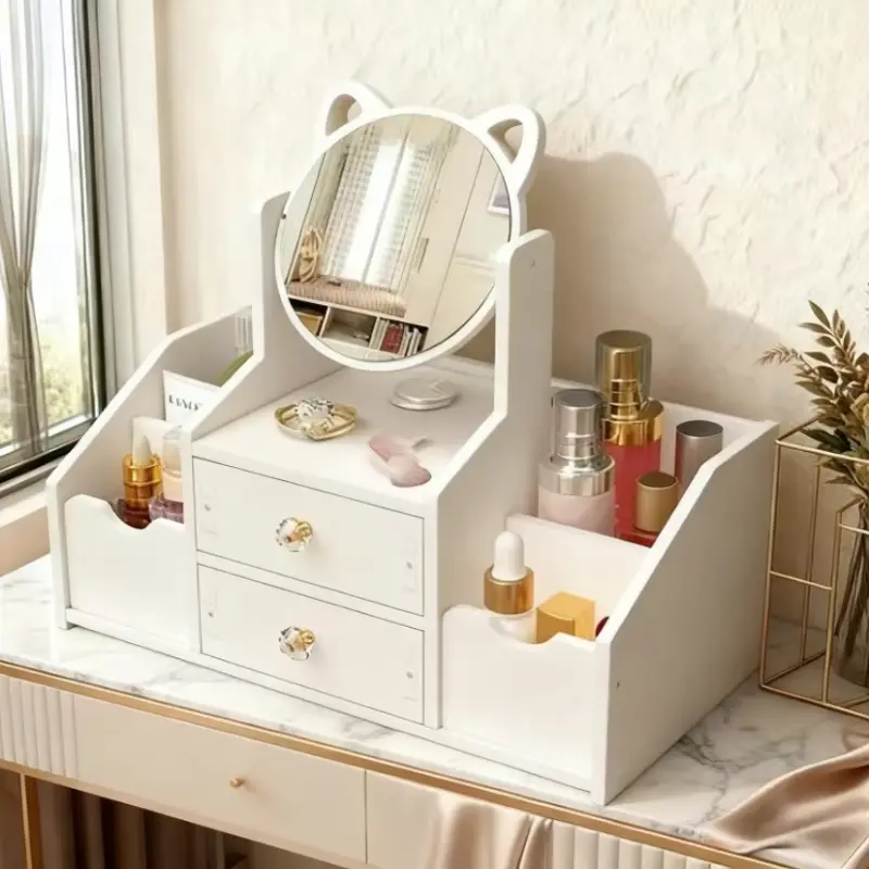 Cat ear makeup mirror with drawers and storage space - Adorable white makeup organizer, desktop makeup mirror for girls - Large mirror + shelf + drawer, perfect for skincare/cosmetics, elegant princess makeup set, dormitory decoration