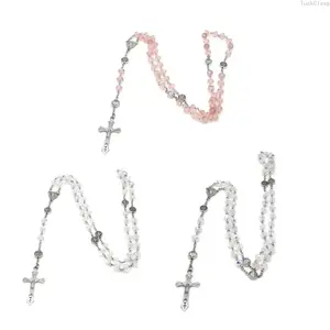 Colorful Crystal Bead Rosary Necklace with Cross Pendant, Catholic Religious Jewelry for Men and Women, Long Chain Spiritual Necklace, Meaningful Gift for Everyday Wear