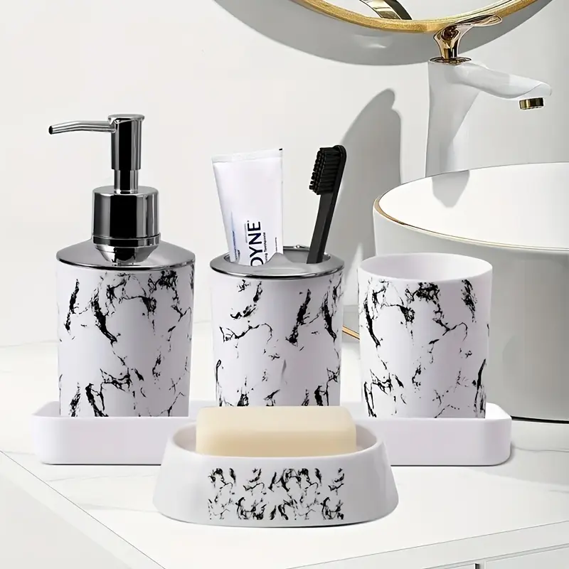 5/9 Pcs Marble Bathroom Accessories Set, Bathroom Set with Soap Dispenser, Soap Dish, Toothbrush Holder, Water Glass, Trash Can for Bathroom Decor (White/Black)