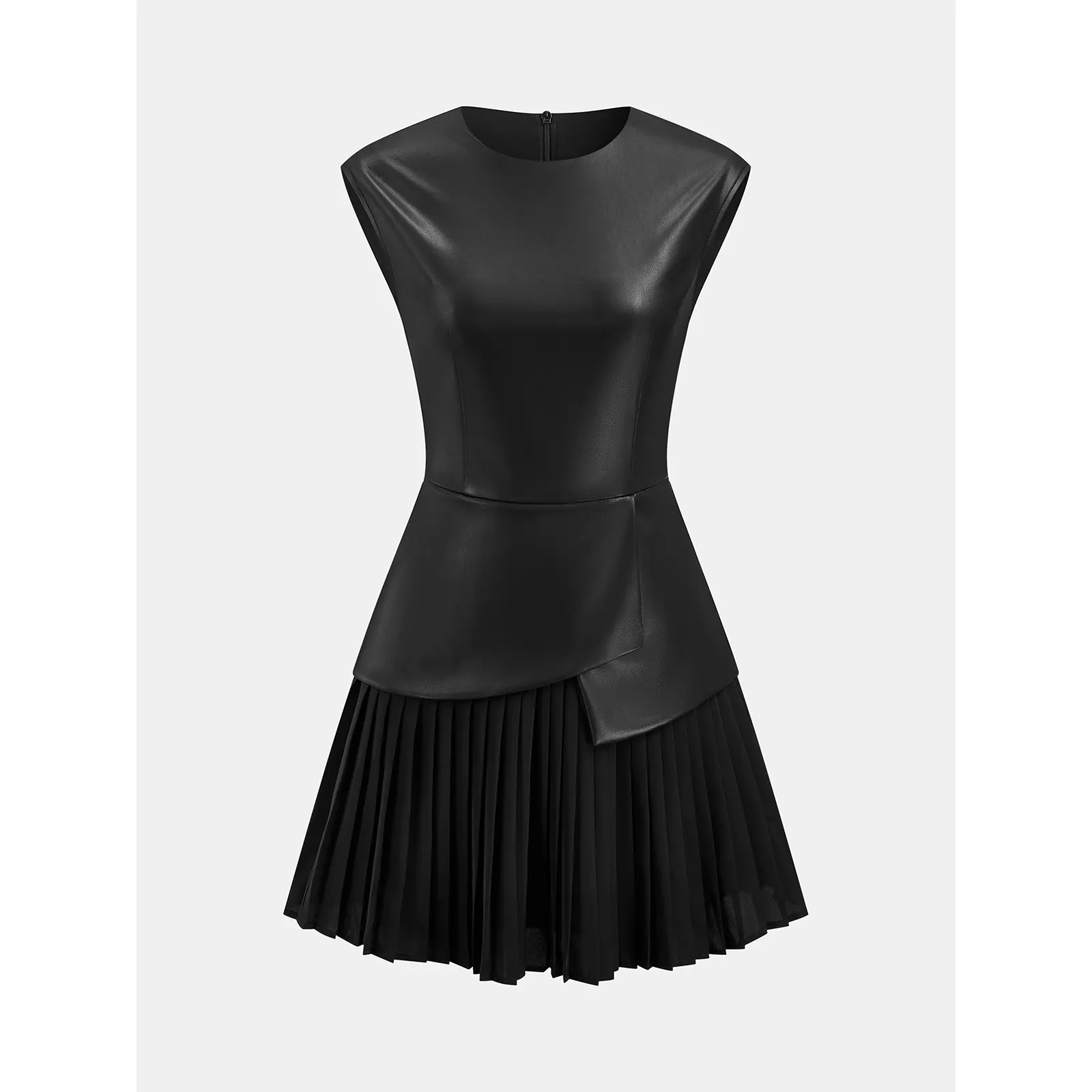 Women's Casual Sleeveless PU Leather Dress with Panelled Look, Pleated Design