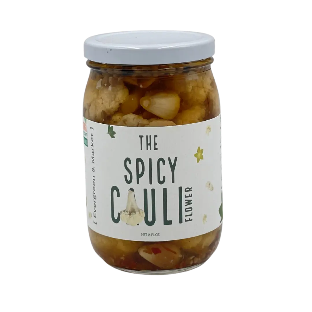 Evergreen & Market Spicy Pickled Cauliflower Pantry Snack - 17 oz Glass Jar with Resealable Lid, Bold Tangy Flavor, 24-month Shelf Life, Ideal for Tacos & Grilling, 24 Months