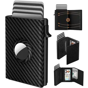 Mens Smart Wallet Card Holder for AirTag: Leather, RFID Blocking, Slim, Carbon Fiber, Minimalist - 6-9 Card Capacity | ID Window | Cash Slot perfect birthday