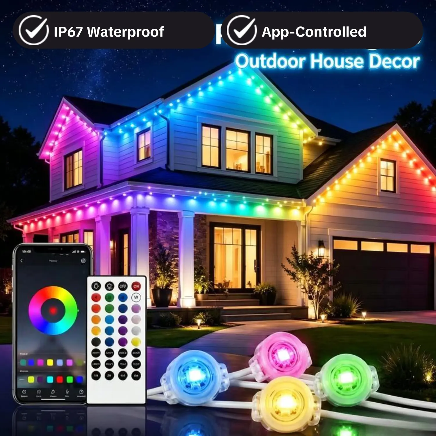 EIFFITENGE Permanent Outdoor RGB LED Eaves Lights - App-Controlled, IP67 Waterproof, for House Holiday Christmas Decorations