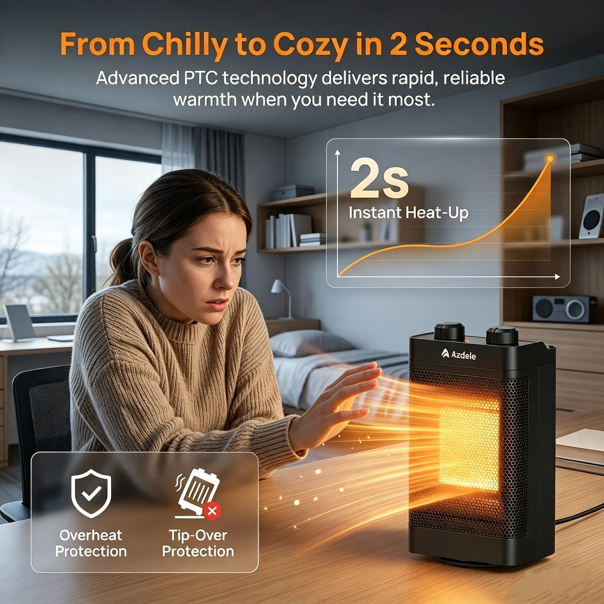 PTC ceramic space heater featuring 70° wide-angle oscillation and 3 adjustable settings (cool/natural air circulation and heating). Includes temperature control and tip-over protection; suitable for bedrooms, homes, and offices.