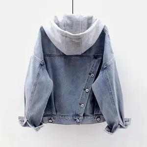 Blue Deconstructable Hooded Turn-down Collar Denim Jacket Women Loose Button Patchwork Outwear Jean Coat Female Outerwear Casual Basic Long Sleeve Can be used with raincoat