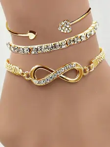 3 Pcs Bracelet Set, Sparkling Synthetic Zircon Heart-Shaped Design, Fashionable Women's Jewelry Gift, Heart Cuff Bracelet, Trendy Stack Bangle