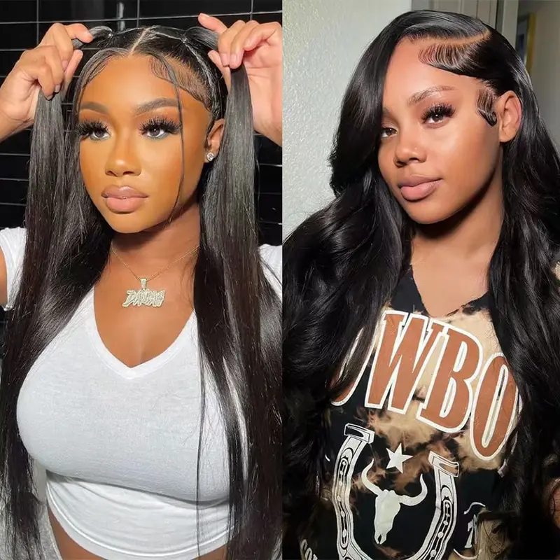 Black Women's 2 Human Hair Lace Front Wigs - 13x4 HD Transparent Lace, Body Wave & Straight Styles, Hair Decor
