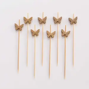 100-Pack Natural Bamboo Skewers 5", Butterfly Design Biodegradable Cocktail Sticks - Eco Friendly Party Picks