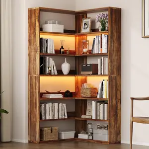 HOMBCK Corner Bookshelf, 6 Tier Bookcase with LED Light and Storage, Industrial Tall Bookshelf Etagere Bookcase, 71” Corner Book Shelf with Storage Display Rack with Baffles for Home Office