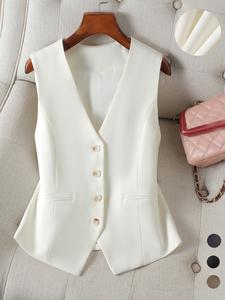 women's solid button front pocket v neck suit vest, chic elegant sleeveless suit vest for work office business, ladies spring & fall formal clothes, everyday womenswear