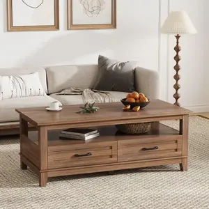 Gaomon Rustic Brown Farmhouse Rectangle Coffee Table - Engineered Wood Living Room Center Table with 2 Drawers, Open Storage Shelves, Sturdy Legs, Easy Setup, Ample Storage Space, Rectangle Shape