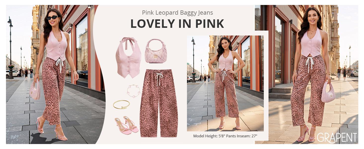 【GRAPENT Barrel Jeans Collection】Women's High-Waisted Stretchy Leopard Print Pull-On Cropped Ankle Denim Bottoms, Stylish Women's Wear for Early Fall Backtoschoolshopping, Women's Fashion Essential